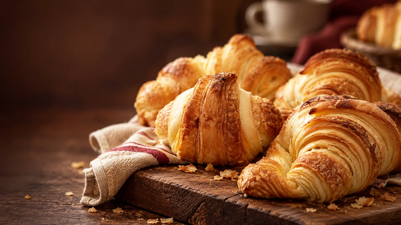 Croissants da Príncipe sobre madeira e linho, em ambientação ilustrativa de café